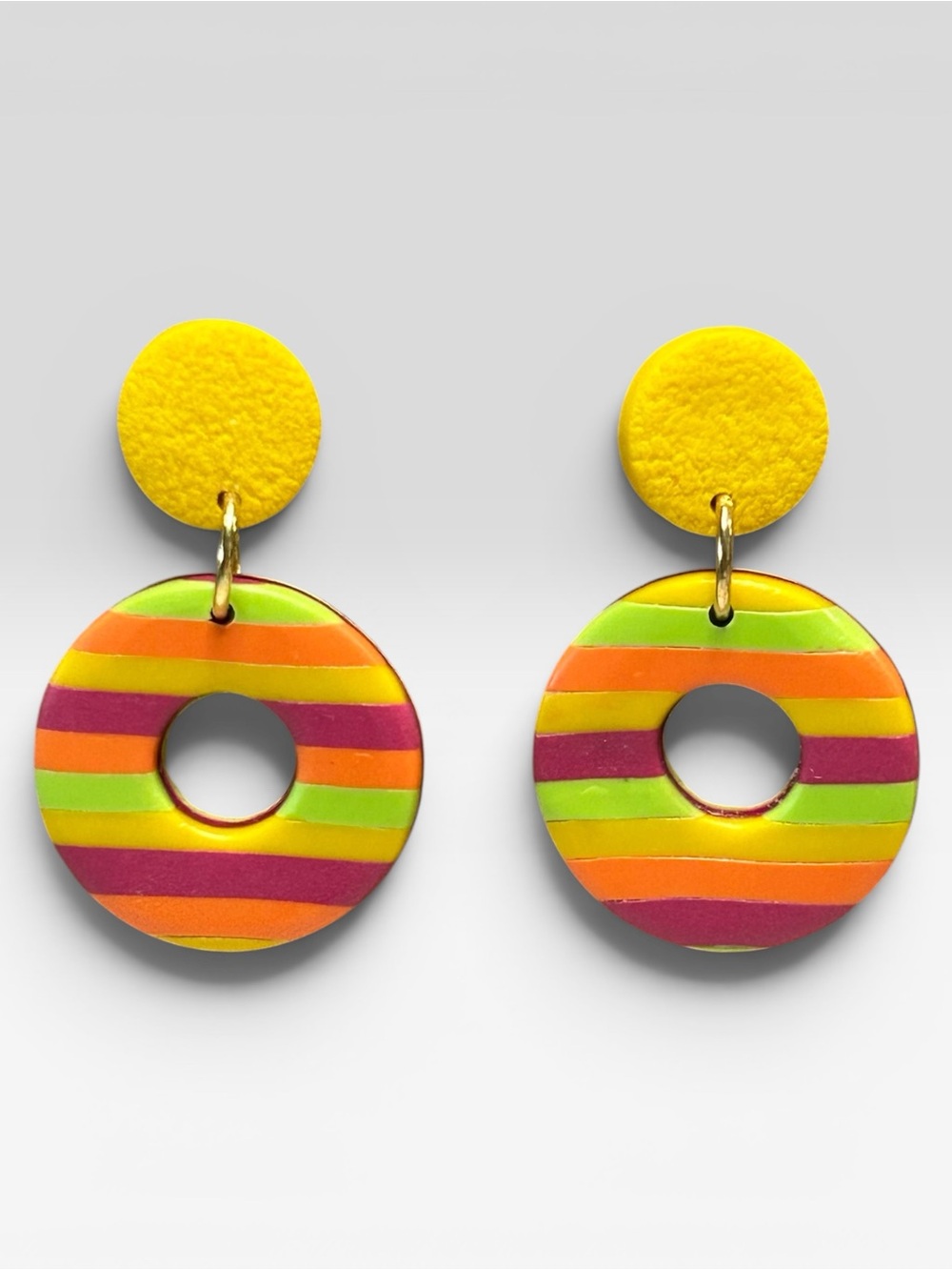 Handmade Rainbow Striped 2 pc Round Polymer Clay Dangle Earrings Stainless Steel